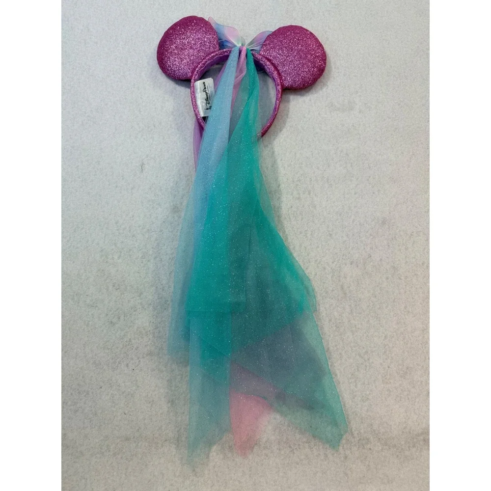 Disney Parks Minnie Mouse Pink Glitter Butterfly Fairy Ear Headband with Veil